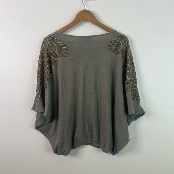 Vanessa Virginia M/L Gray Beaded Batwing Top Boho Embellished Cotton Glam - Picture 8 of 13